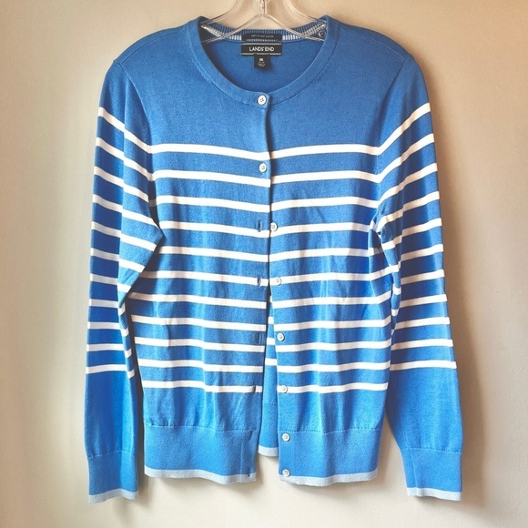 Land’s End Supima Cotton Blue and White Stripe Cardigan - Picture 1 of 7